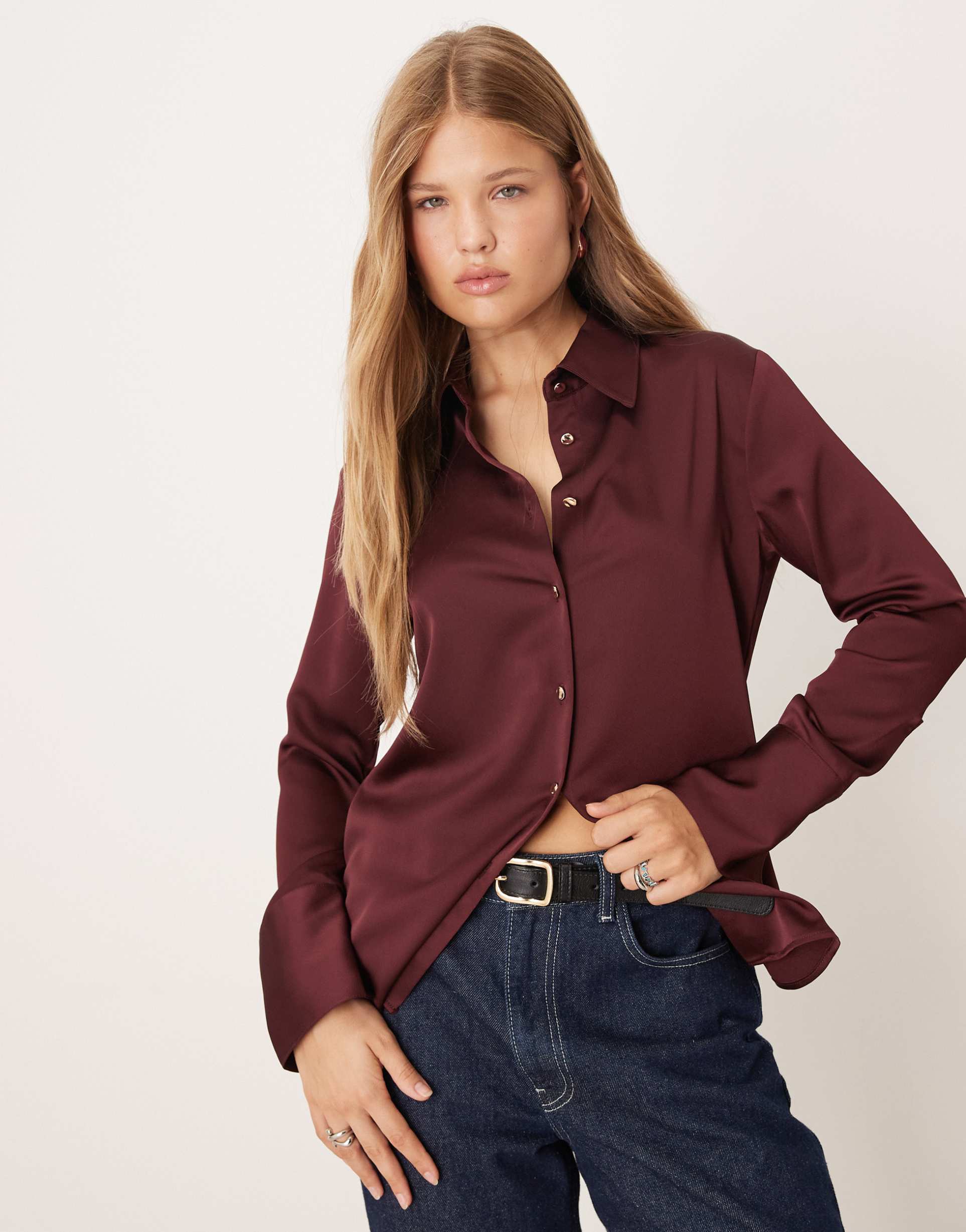 mango satin shirt in burgundy