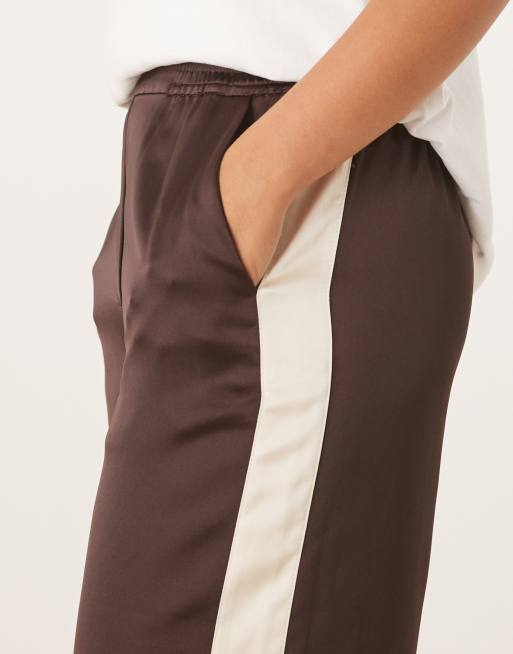Mango satin side stripe trouser in brown, 2 of 5