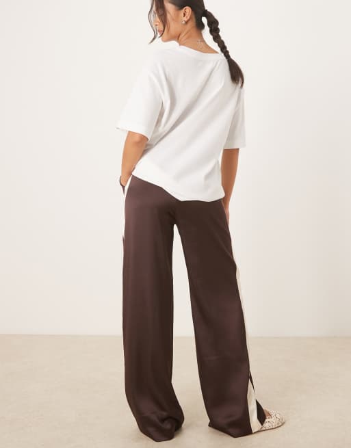 Mango satin side stripe trouser in brown, 3 of 5