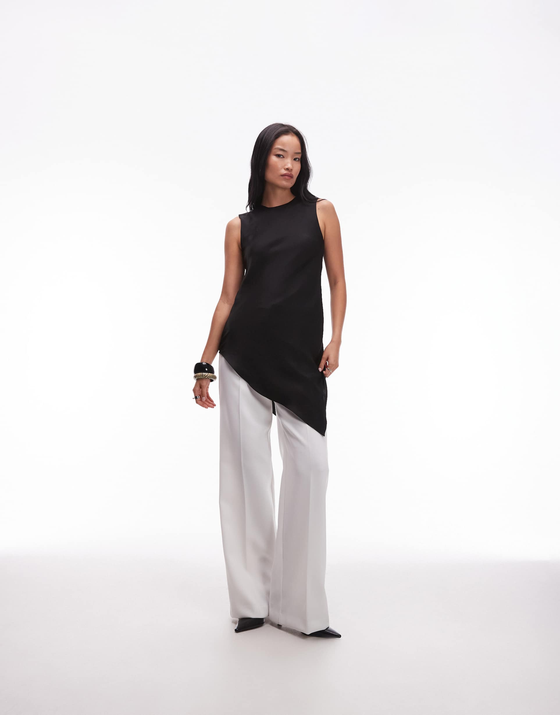 mango satin sleeveless asymmetric hem top in black