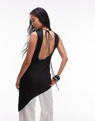 Mango Satin Sleeveless Asymmetric Hem Top In Black