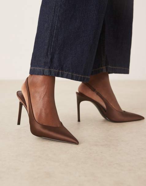 Mango satin slingback heels in brown - view 1