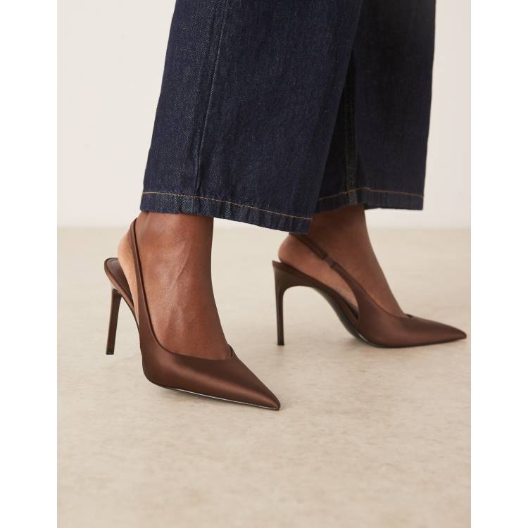 Mango satin slingback heels in brown | ASOS