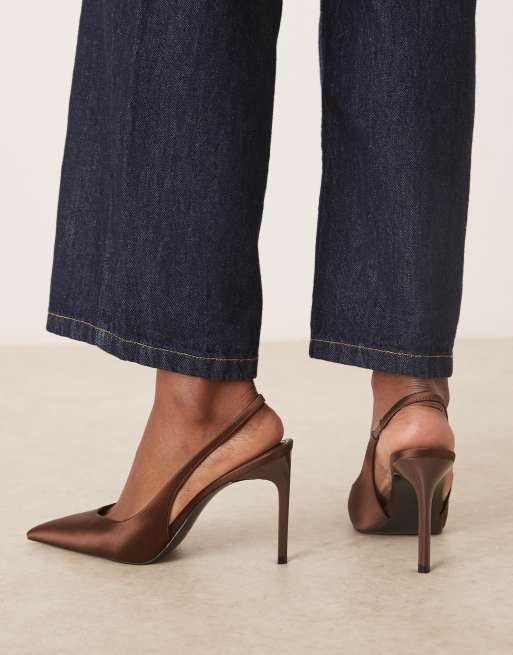 Mango satin slingback heels in brown