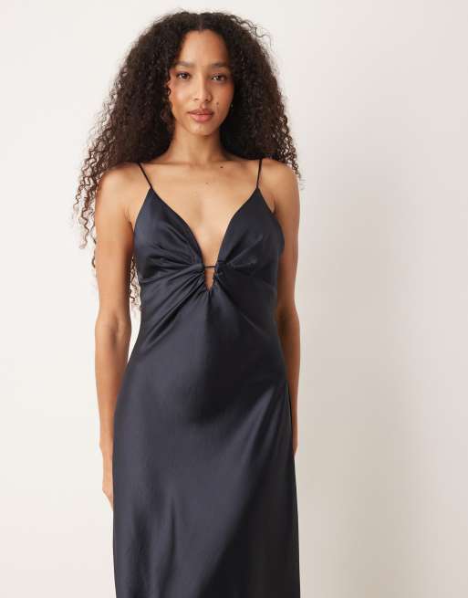 Mango satin slip dress in navy, 3 of 4