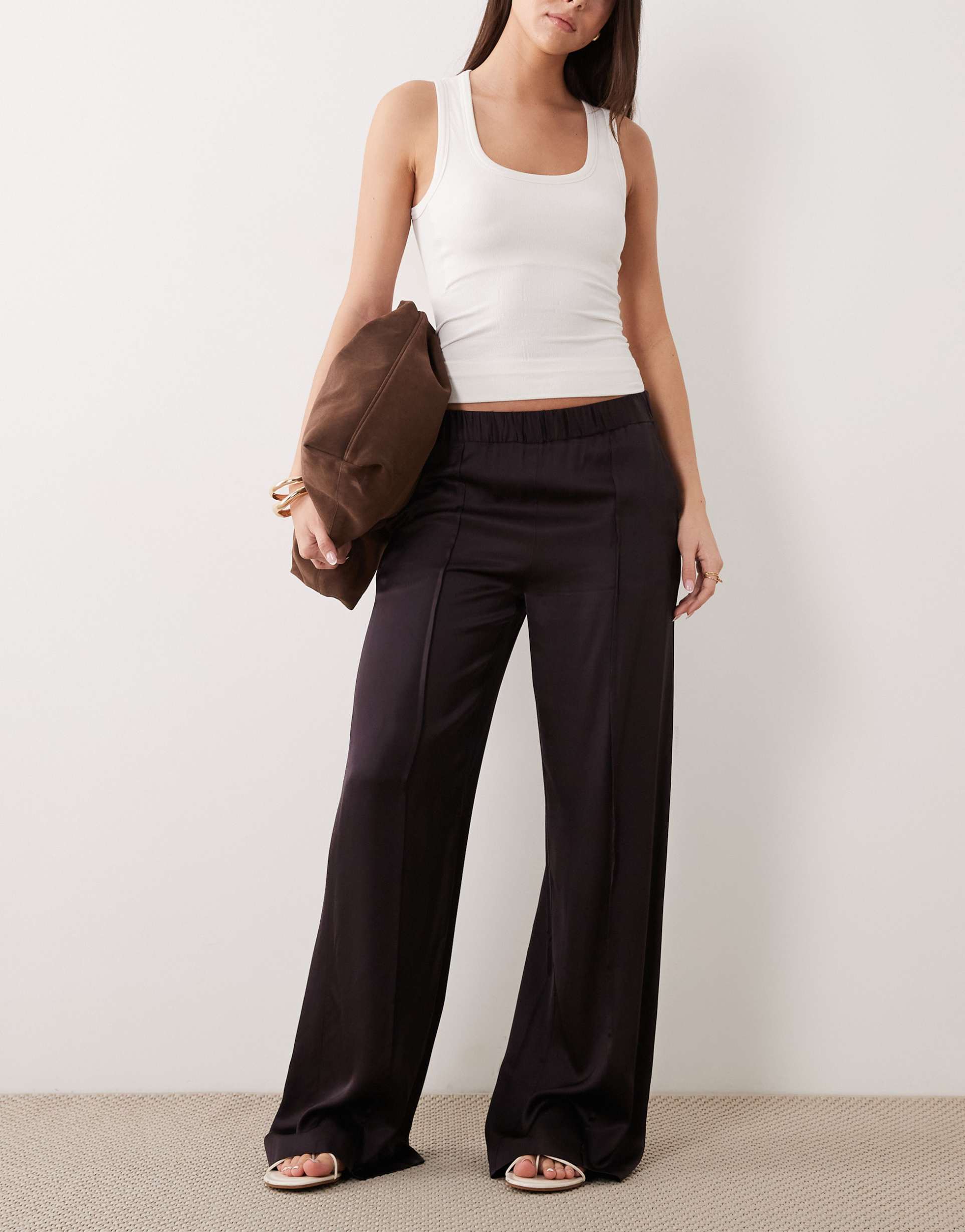 mango satin straight leg pants in chocolate