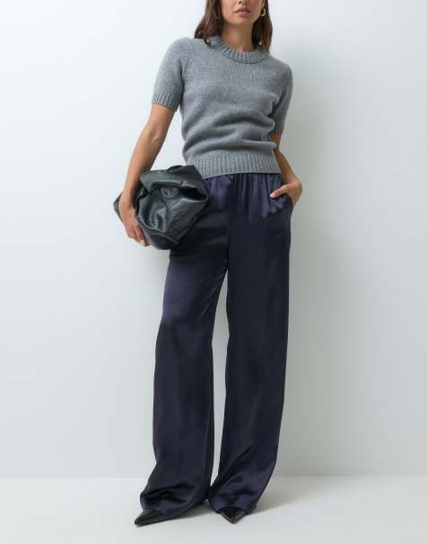 Mango satin striaght trouser in navy - view 1