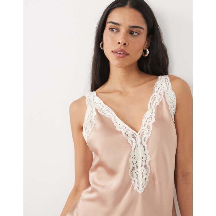 Mango satin tank top with lace trim in pastel pink | ASOS