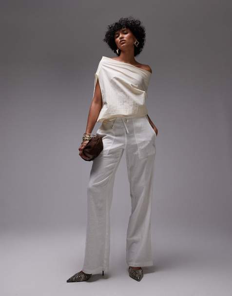 Mango satin touch ruched off shoulder top in ecru - view 1