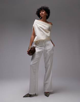 satin touch ruched off the shoulder top in ecru-Neutral