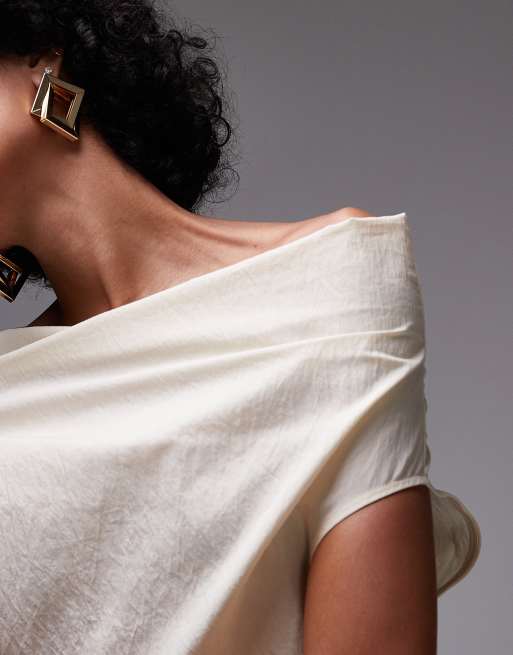 Mango satin touch ruched off the shoulder top in ecru