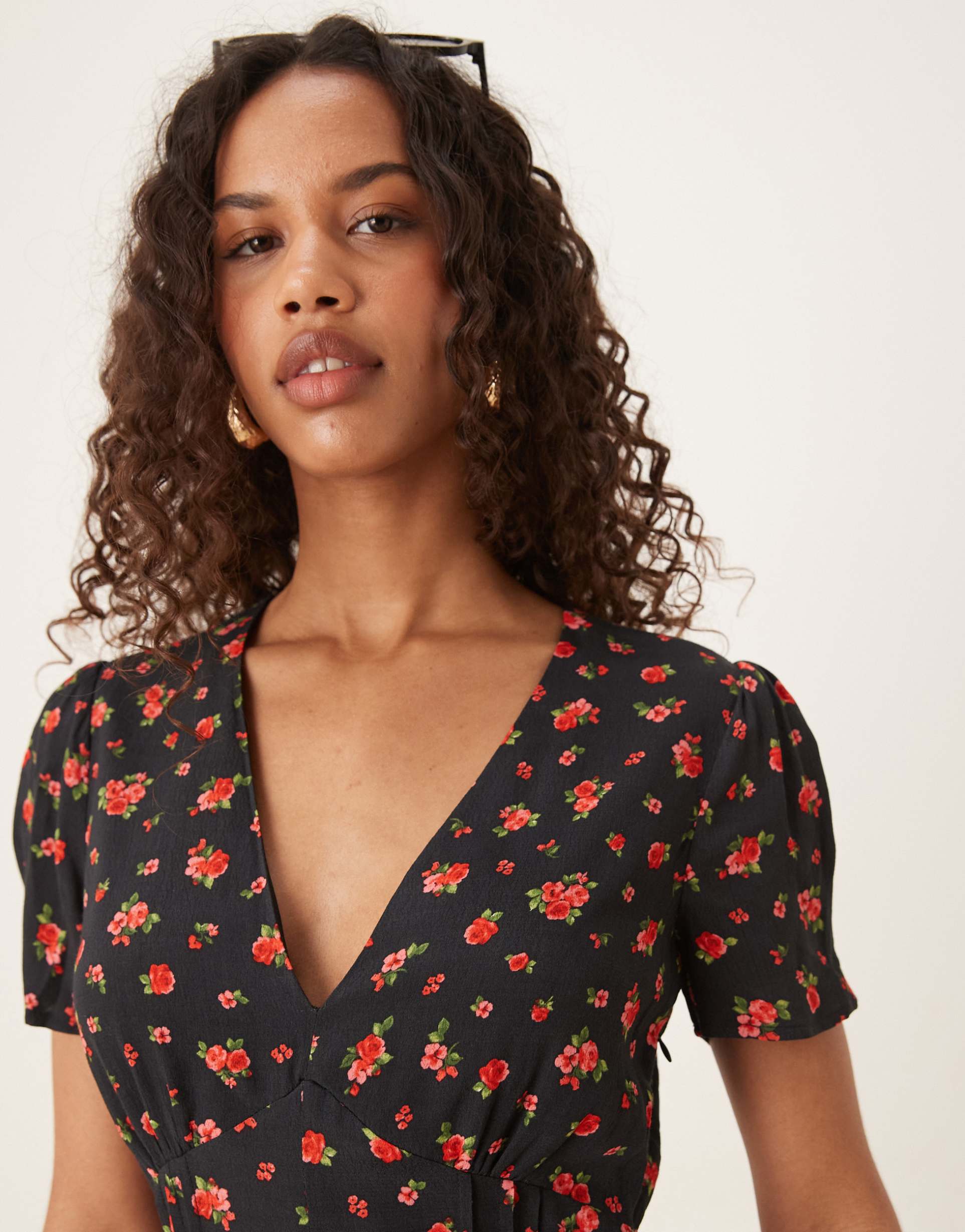 mango satin v neck midi tea dress with rose print in black