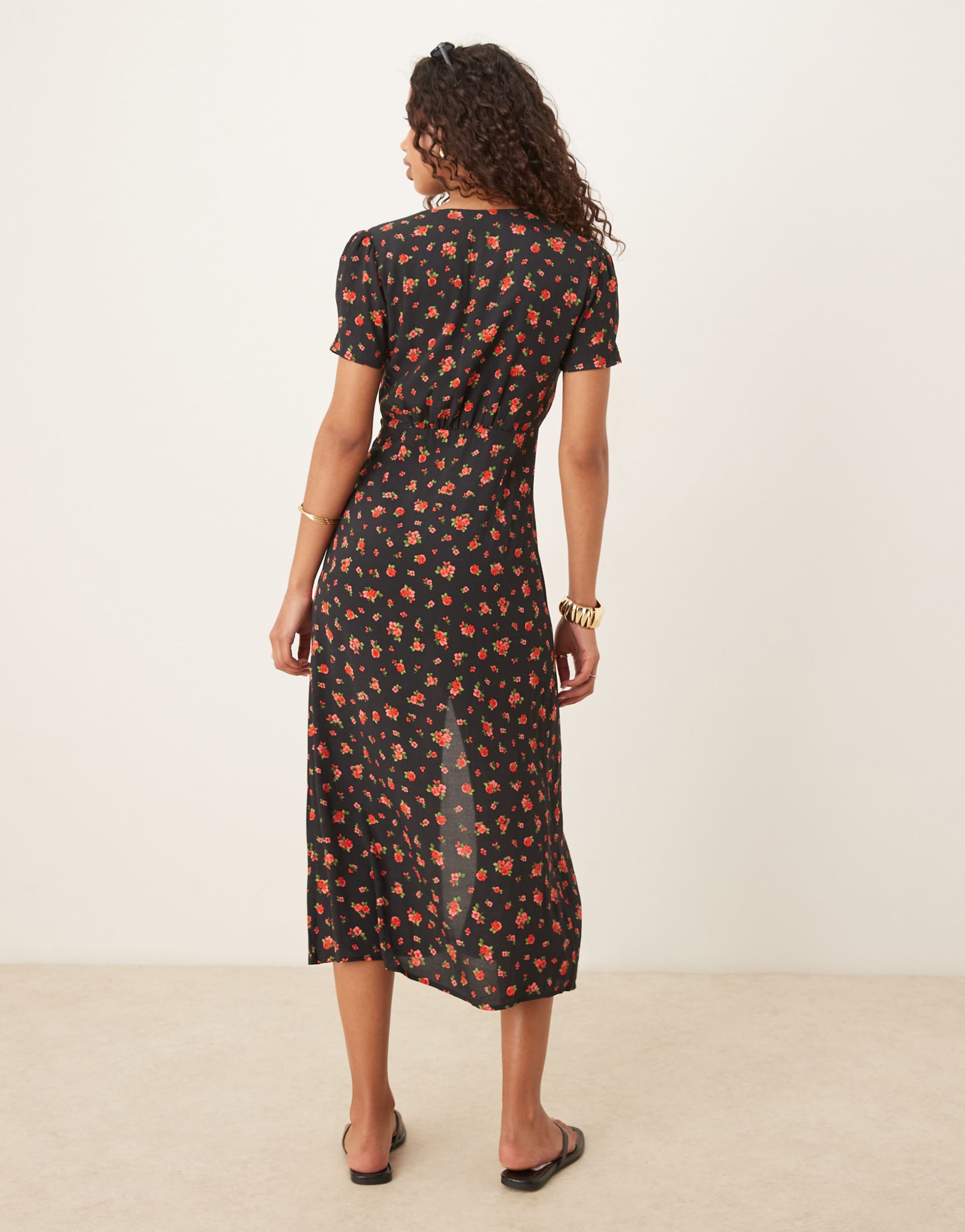 mango satin v neck midi tea dress with rose print in black