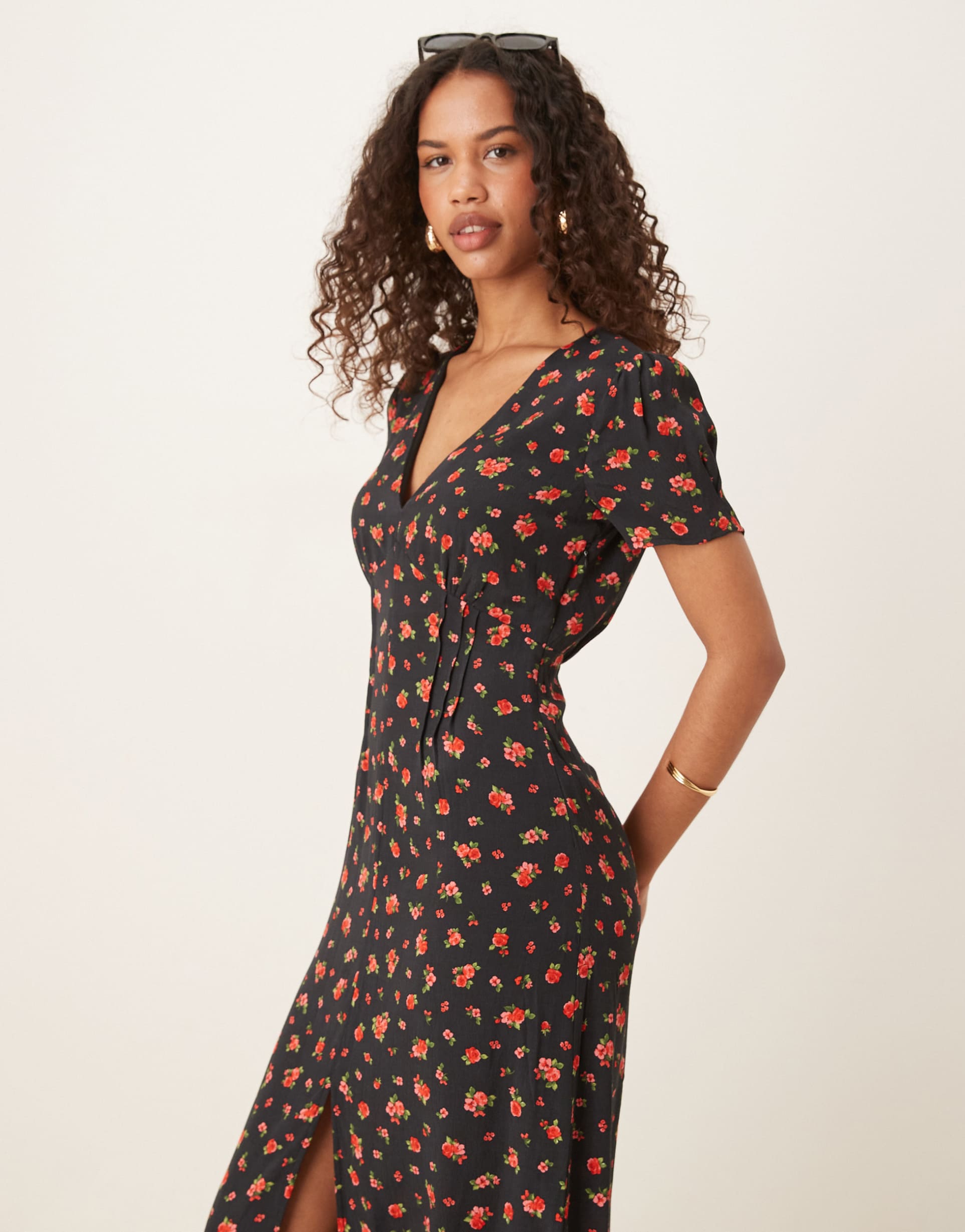 mango satin v neck midi tea dress with rose print in black