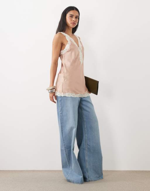 Mango satin vest top with lace trim in pastel pink , 2 of 4
