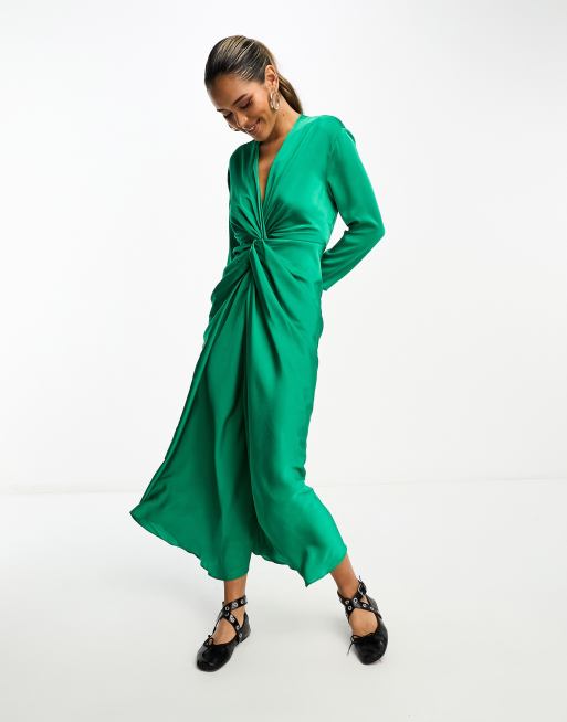 Mango satin wrap detail front dress in green