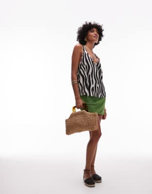 Mango Satin Zebra Print Tank Top In Black