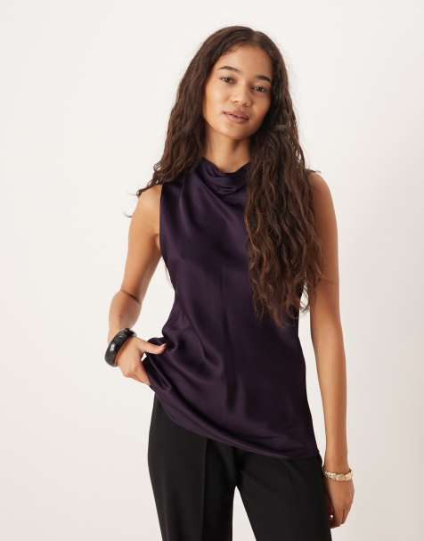 Mango satin look high neck draped sleeveless top in purple