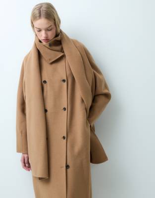 Mango Scarf Detail Wool Mix Long Tailored Coat In Brown