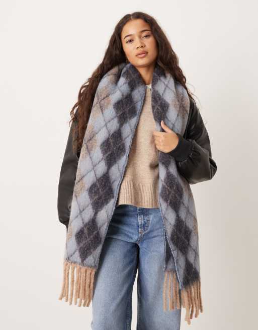 Mango scarf with tassels in blue argyle ASOS