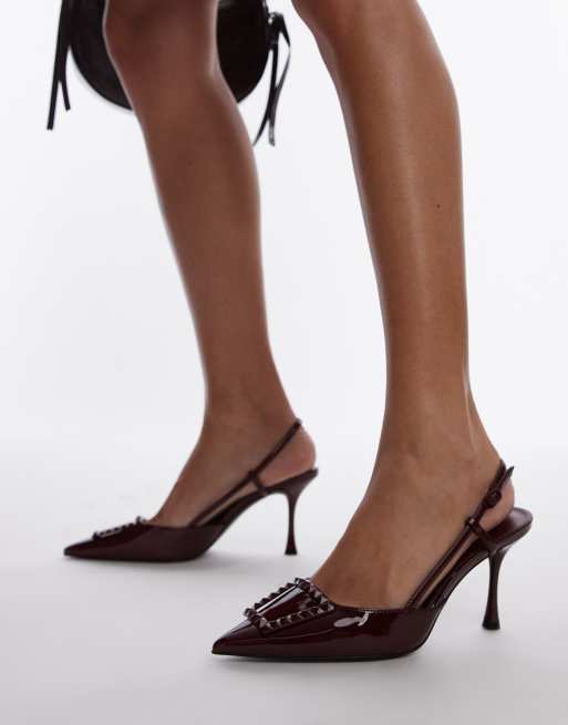 Mango - Scarpe a punta con tacco, cinturino posteriore e dettaglio squadrato color bordeaux