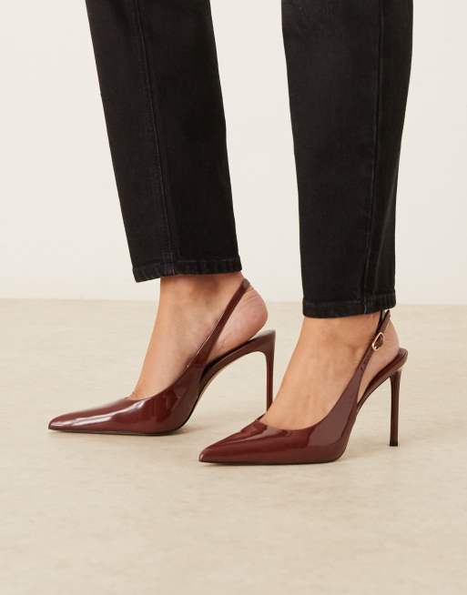 Mango - Scarpe a punta con tacco in pelle sintetica bordeaux con cinturino posteriore, 3 di 4
