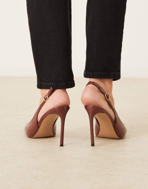 Mango - Scarpe a punta con tacco in pelle sintetica bordeaux con cinturino posteriore, 4 di 4