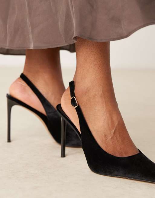 Mango Scarpe a punta in velluto nero con tacco e cinturino