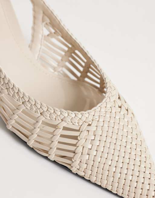 Mango - Scarpe con cinturino posteriore e tacchetti a spillo in pelle sintetica intrecciata beige, 3 di 4