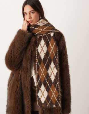 Mango - Schal aus Wollmix in Mokka mit Rautenmuster, Kombiteil-Brown