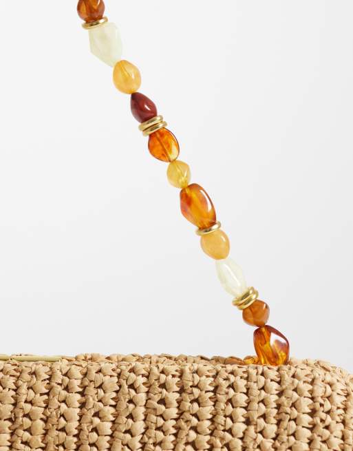 Mango - Schoudertas van raffia met hengsel met kralen in beige, 3 van 4