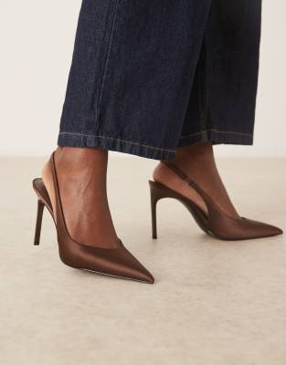 Mango - Schuhe in Braun aus Satin mit Fersenriemen und Absatz-Brown