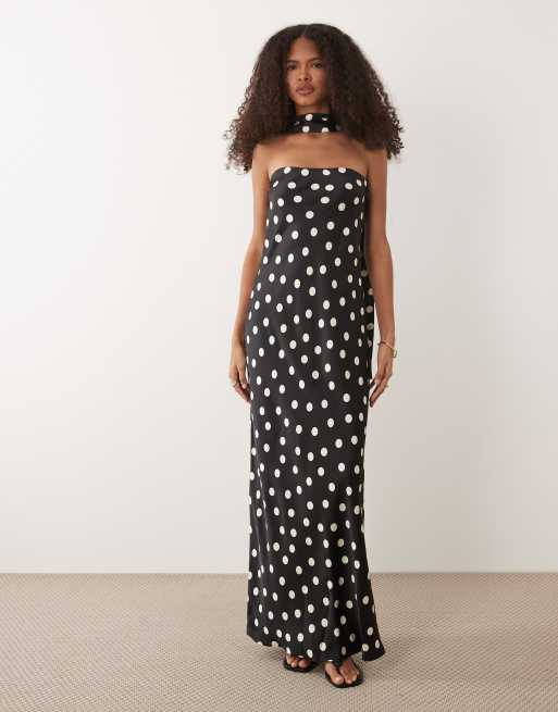Mango – Schulterfreies Maxikleid aus Satin mit Polka Dots und Schaldetail, 2 von 4