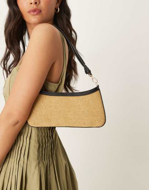 Mango – Schultertasche aus Bast in Hellbraun mit schwarzer Einfassung - view 1