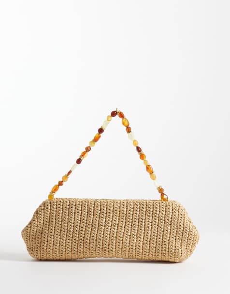 Mango – Schultertasche aus beigem Bast mit perlenbesetztem Riemen - view 1