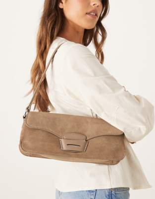 Mango - Schultertasche aus Leder in Kastanienbraun mit Kontrastnähten-Brown