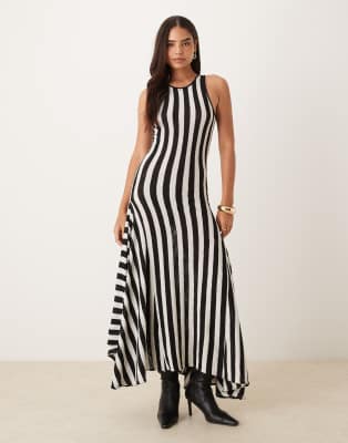 Mango - Schwarz-weiß gestreiftes Maxikleid mit Ringerrücken