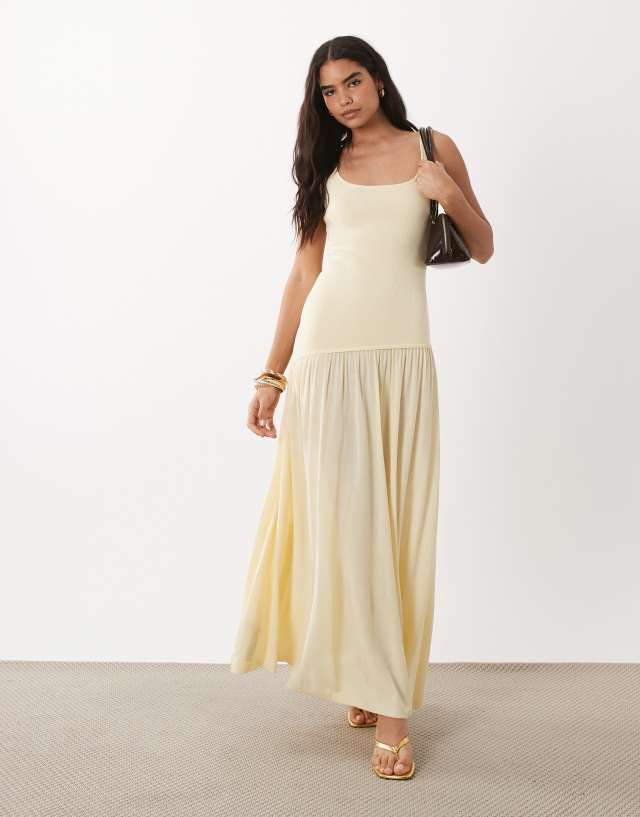 Mango scoop neck asymmetric drop waist maxi dress in pastel yellow