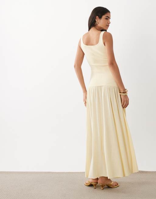 Mango scoop neck asymmetric drop waist maxi dress in pastel yellow, 4 of 4