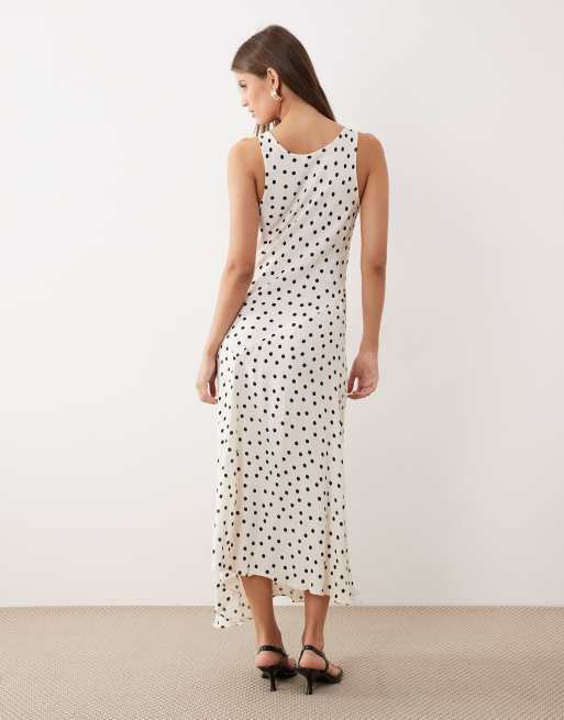 Mango scoop neck asymmetric hem maxi dress in beige and black polka dot, 4 of 4