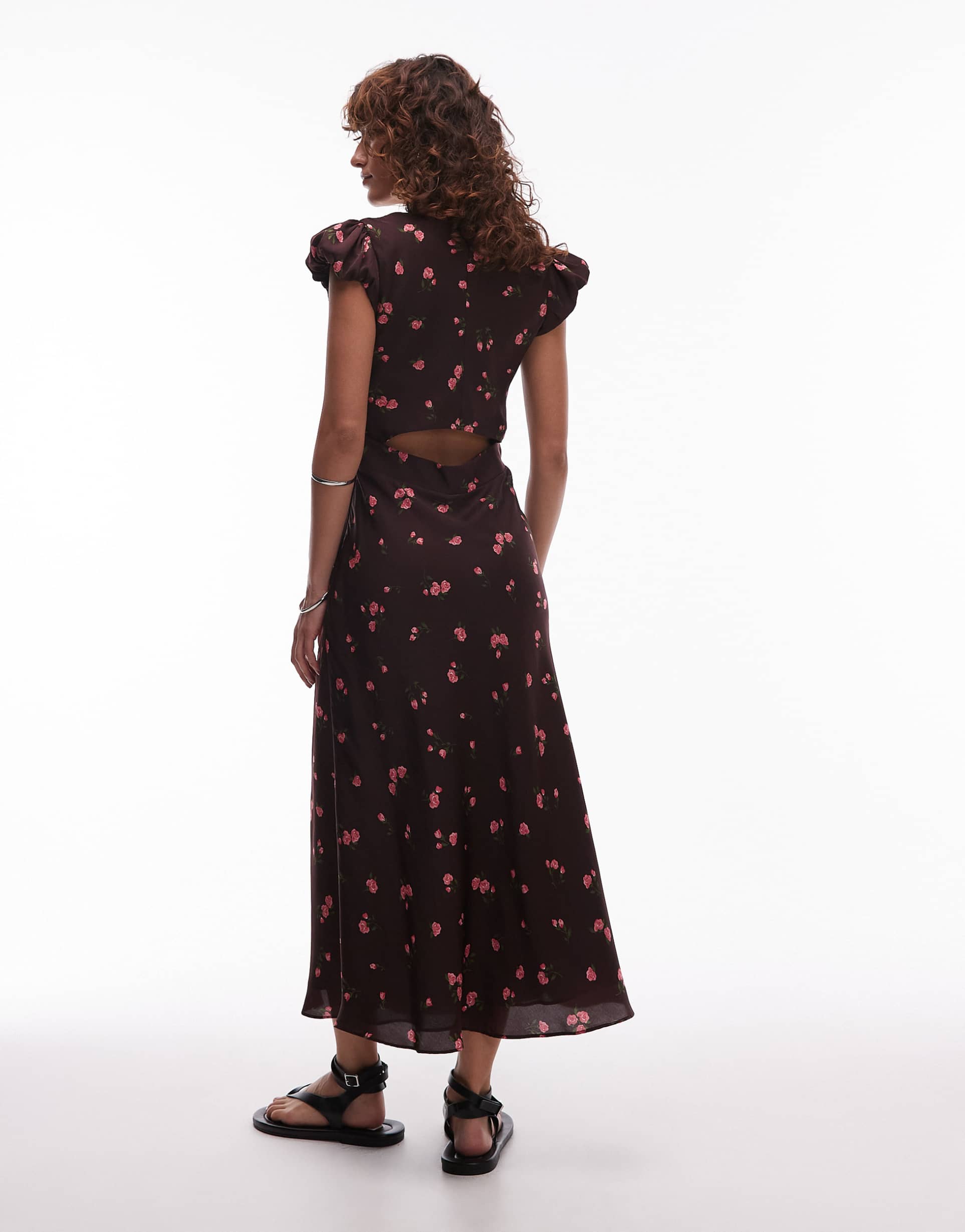 mango scoop neck floral midi dress in brown