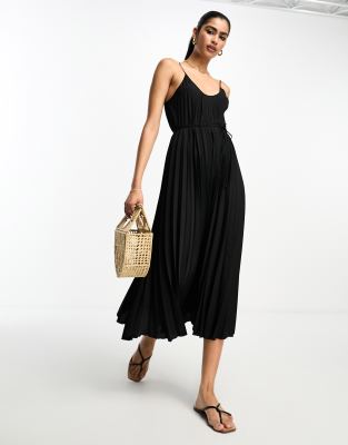 Mango scoop neck pleated midi dress in black