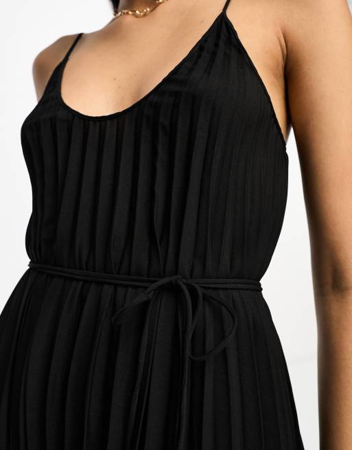 Mango scoop neck pleated midi dress in black