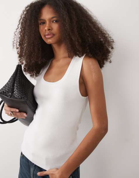Mango scoop neck ribbed knitted sleeveless top in white