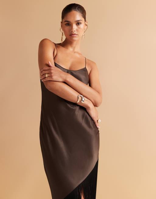 Mango scoop neck satin dress with fringe hem in brown | ASOS