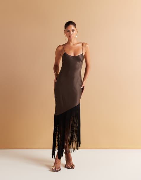 Mango scoop neck satin dress with fringed hem in brown