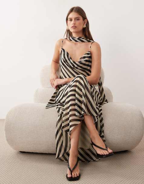 Mango scoop neck strappy maxi dress with scarf detail in beige and black stripe