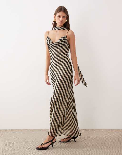 Mango scoop neck strappy maxi dress with scarf detail in beige and black  stripe | ASOS