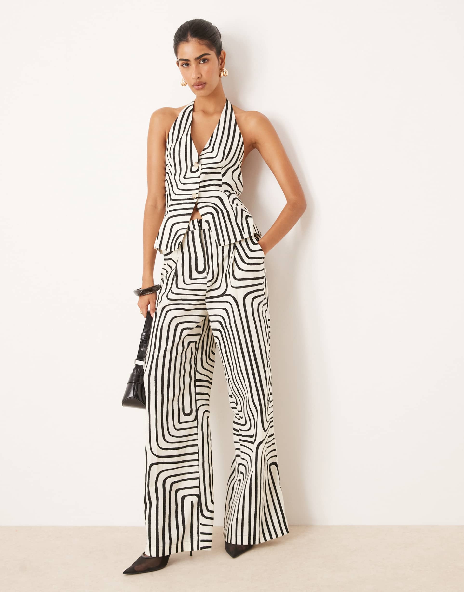 mango scribble print linen mix wide leg pants in white - part of a set