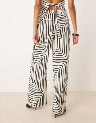 Mango Scribble Print Linen Mix Wide Leg Pants